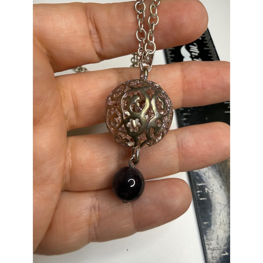 Silver Tone Filigree Orb Pendant Necklace Purple Bead Drop Adjustable Chain